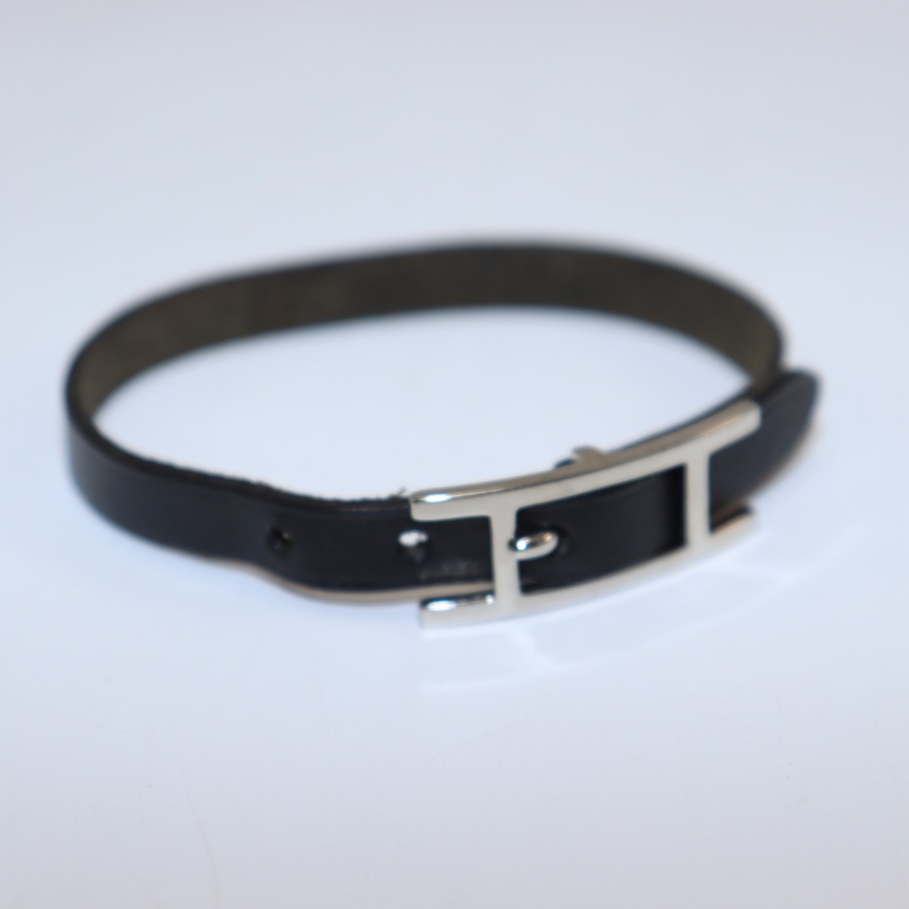 Hermès H Leather Bracelet Black Leather Palladium Hardware Paris France - Picture 2 of 5